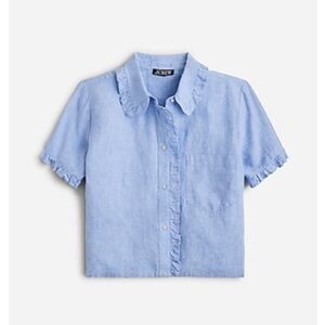 J.Crew - A button-up w/ ruffle details on collar, cuffs & front. 100% linen.